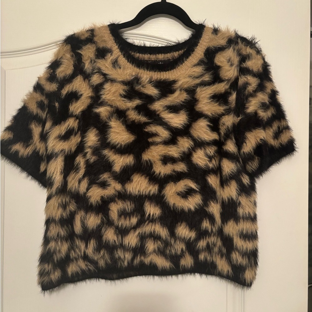 Dressed in LALA Fuzzy Leopard Print Crewneck Sweater in Black and Tan
